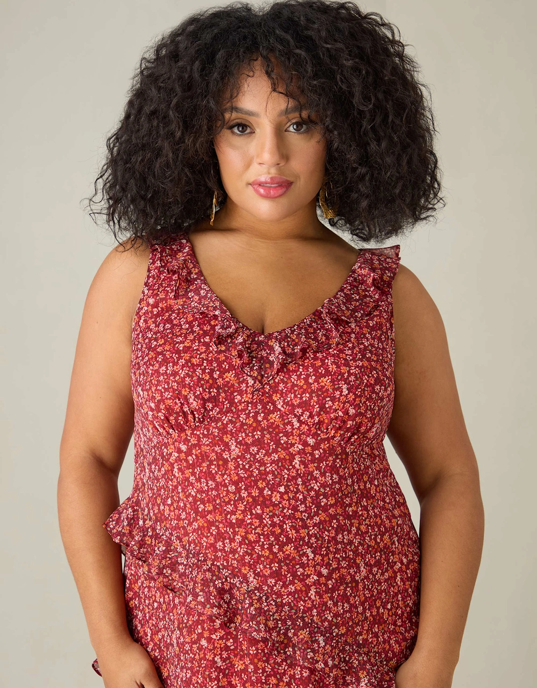 Floral Metallic Frill Midaxi Dress