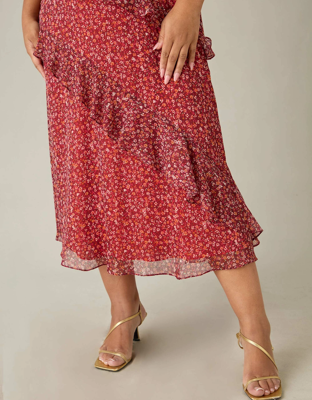 Floral Metallic Frill Midaxi Dress