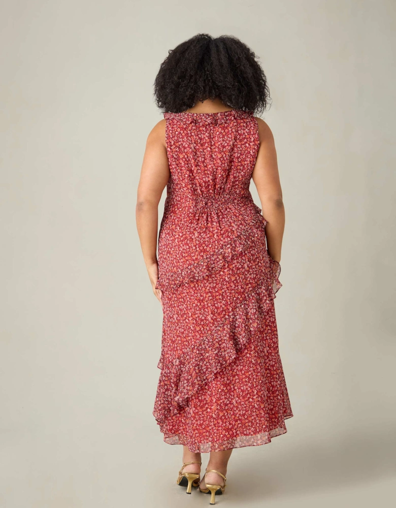 Floral Metallic Frill Midaxi Dress