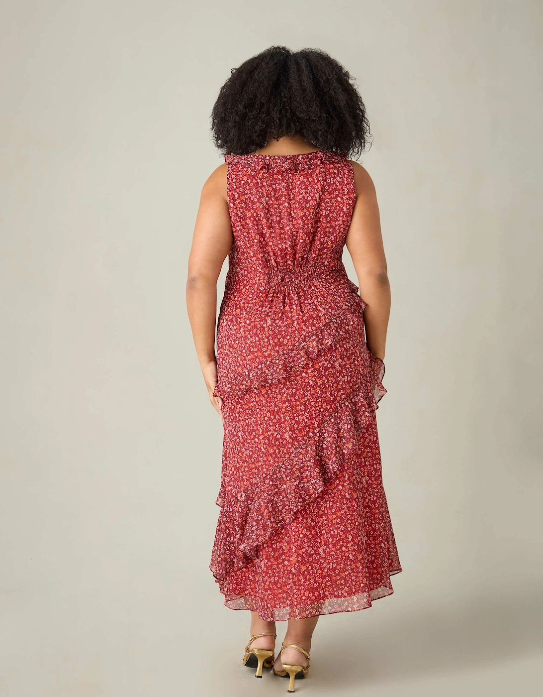 Floral Metallic Frill Midaxi Dress