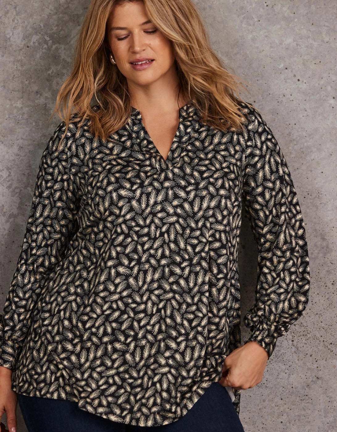 Black Feather Print Nehru Collar Tunic