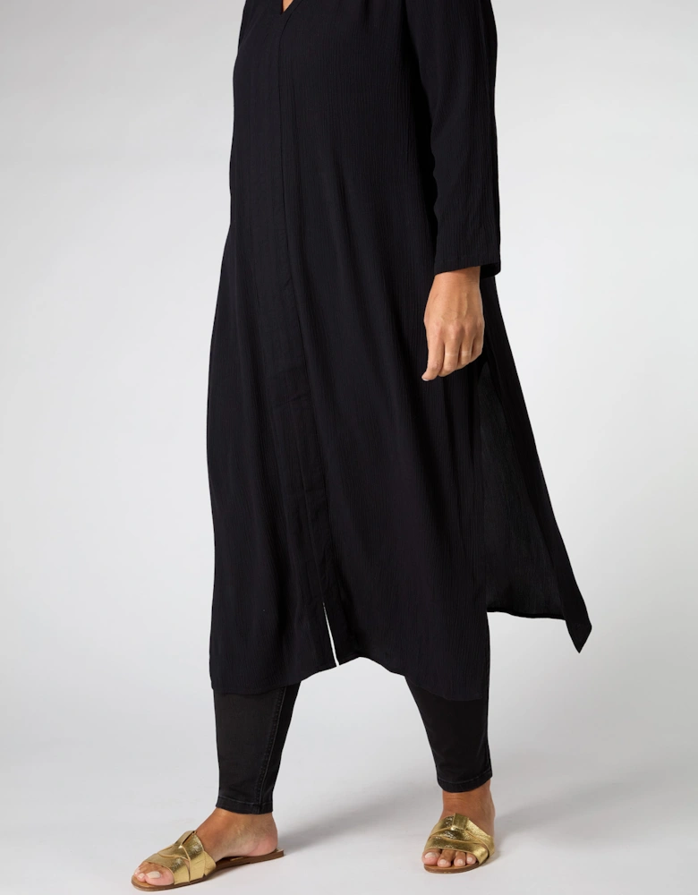 Black Crinkle Split Front Longline Tunic