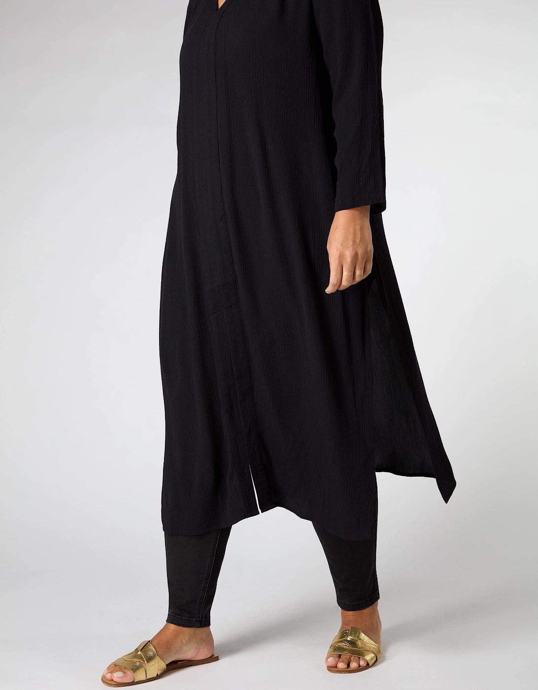 Black Crinkle Split Front Longline Tunic