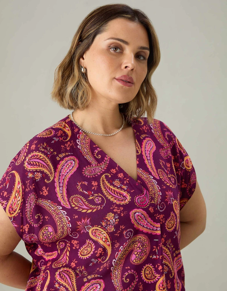 Plum Paisley Pleat Front Top