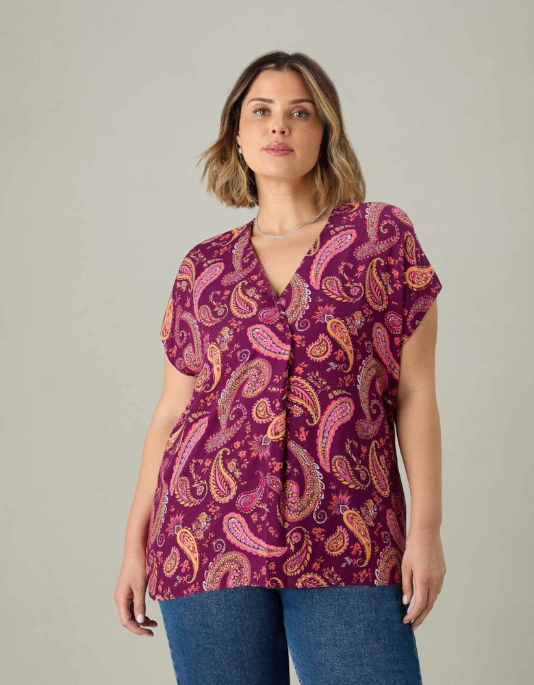 Plum Paisley Pleat Front Top