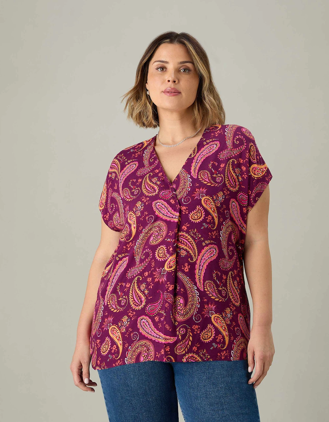 Plum Paisley Pleat Front Top