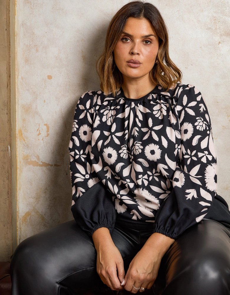 Black Graphic Floral Placement Blouse