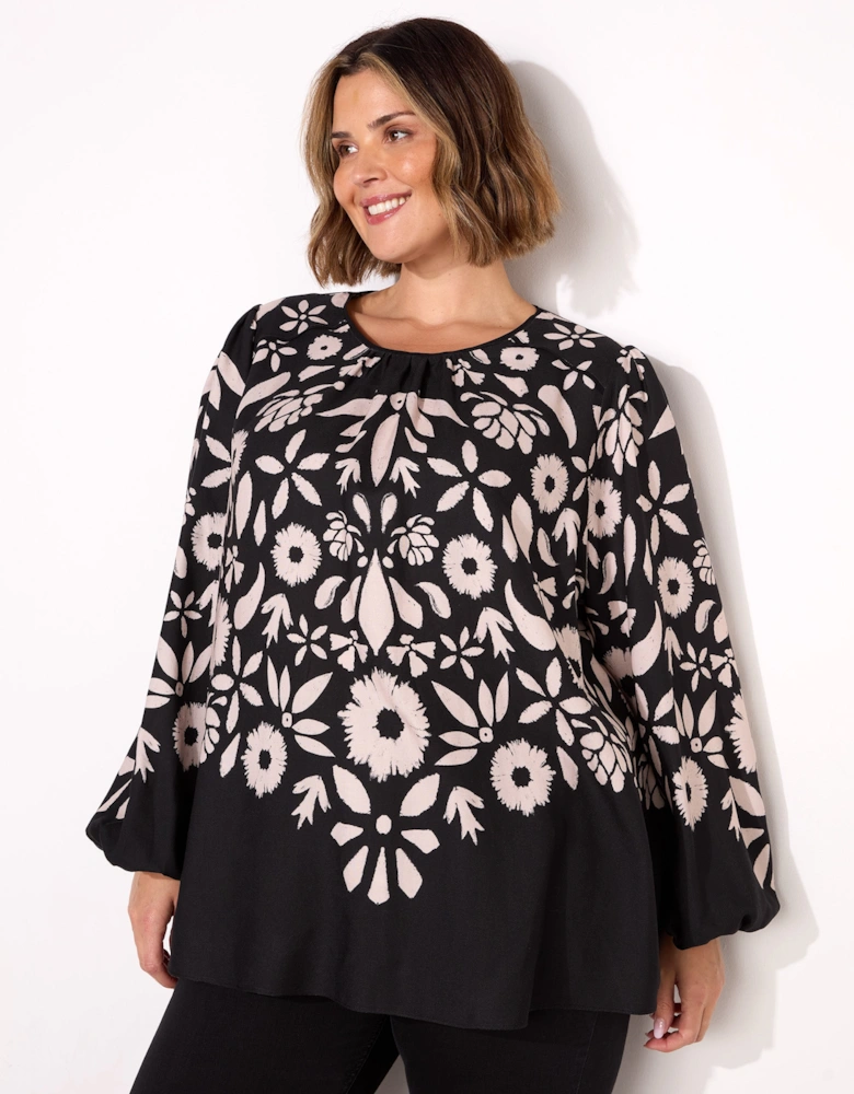 Black Graphic Floral Placement Blouse