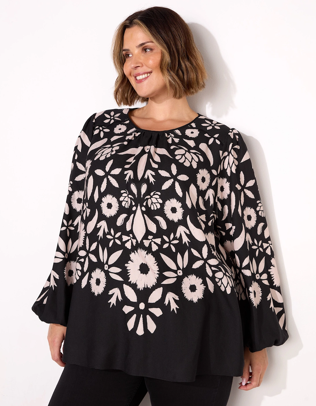 Black Graphic Floral Placement Blouse, 7 of 6
