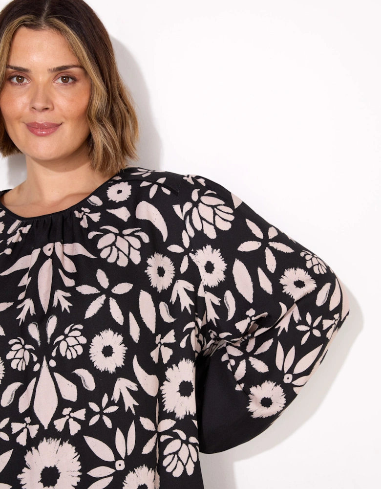 Black Graphic Floral Placement Blouse