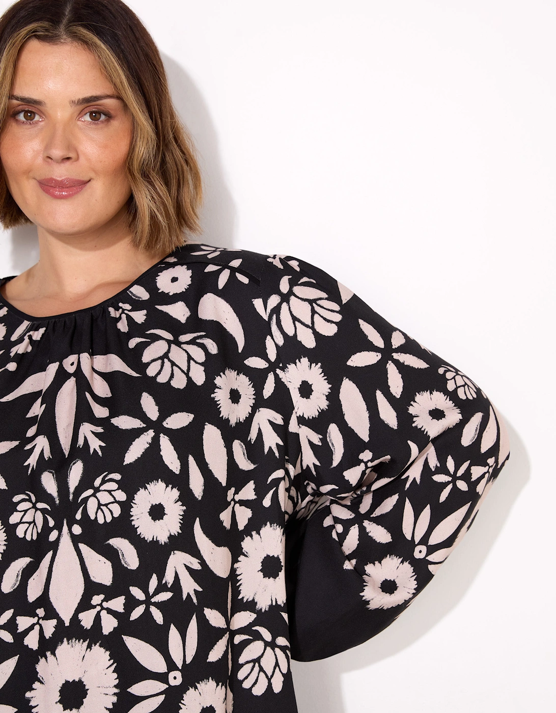 Black Graphic Floral Placement Blouse