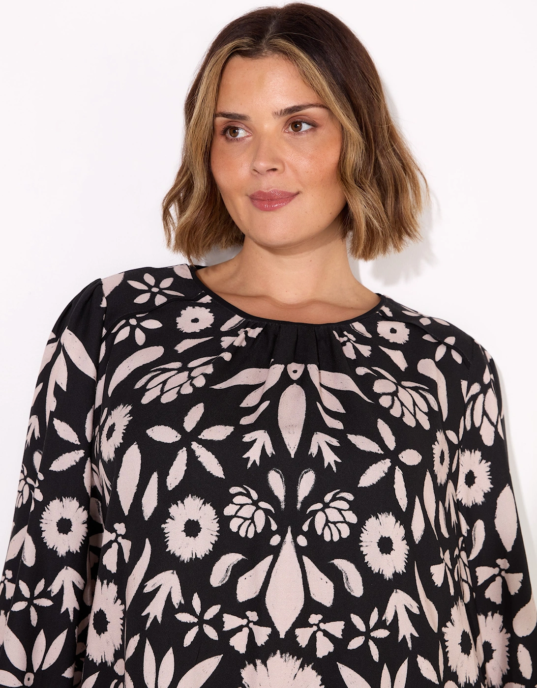 Black Graphic Floral Placement Blouse