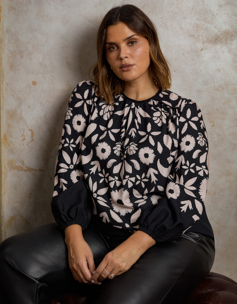 Black Graphic Floral Placement Blouse