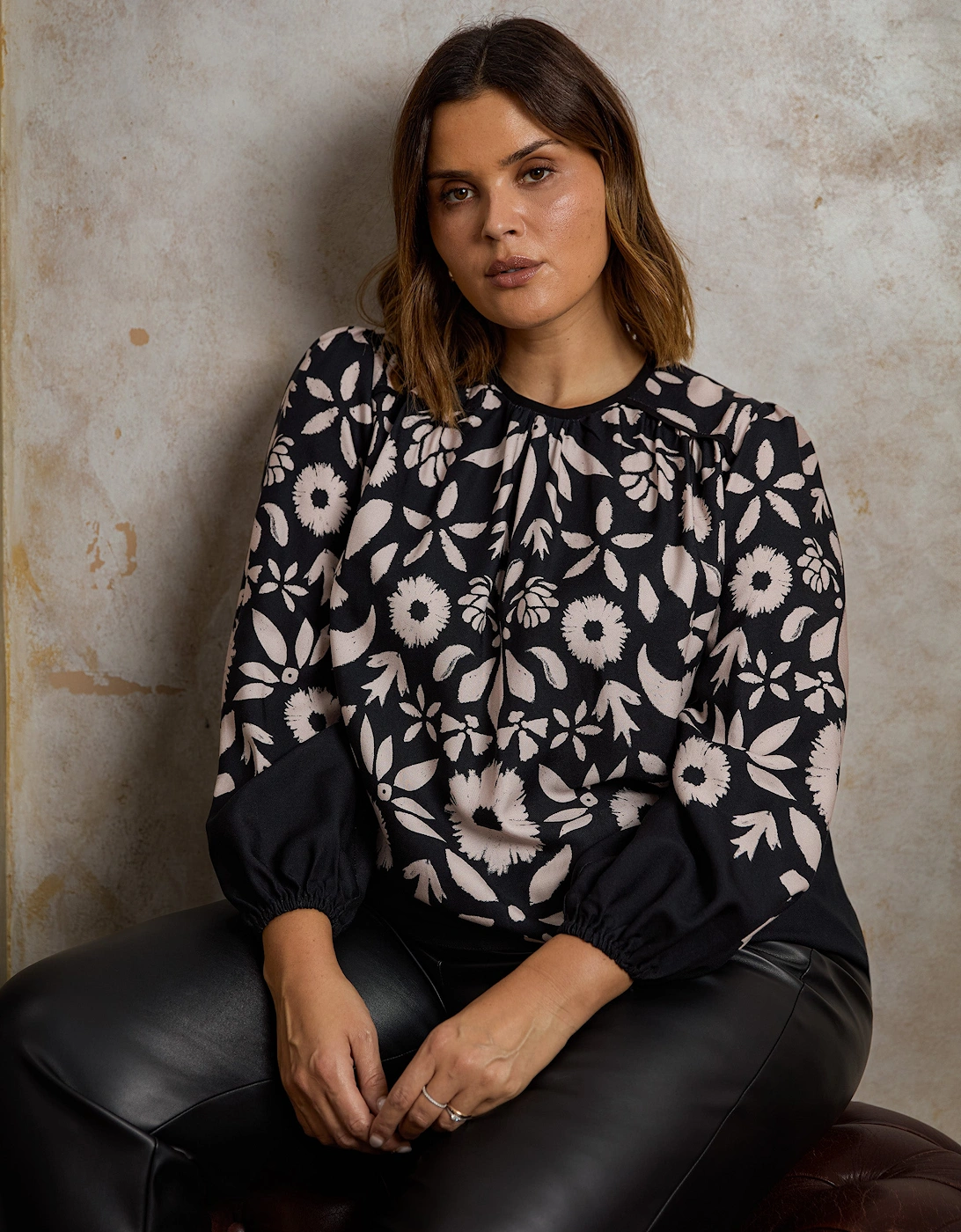 Black Graphic Floral Placement Blouse