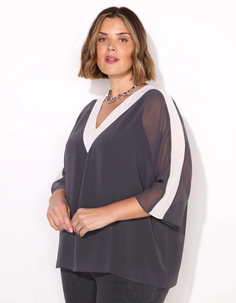Grey V-Neck Colourblock Overlay Top
