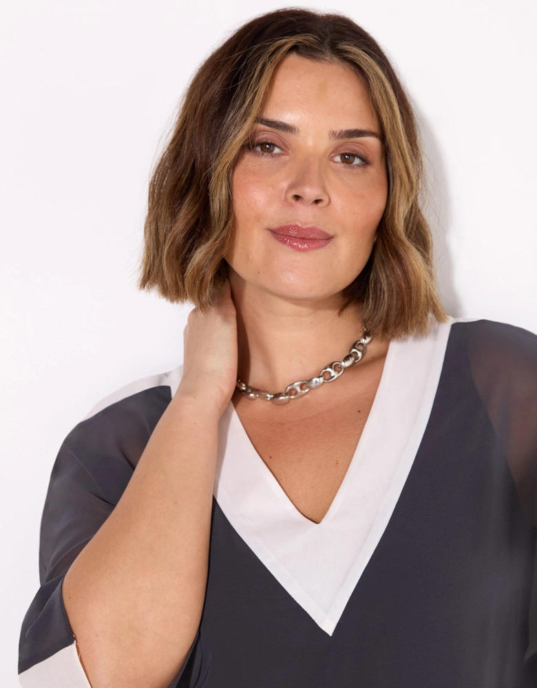 Grey V-Neck Colourblock Overlay Top