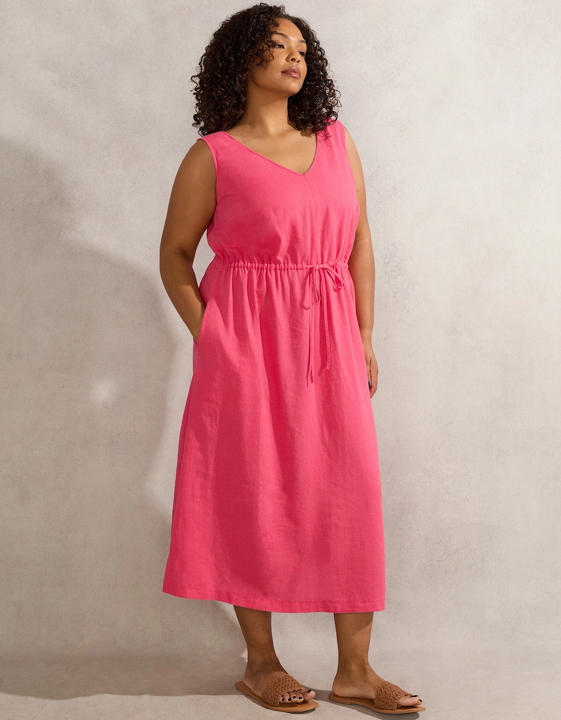 Pink Linen Blend Drawstring Dress