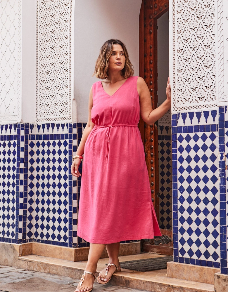 Pink Linen Blend Drawstring Dress