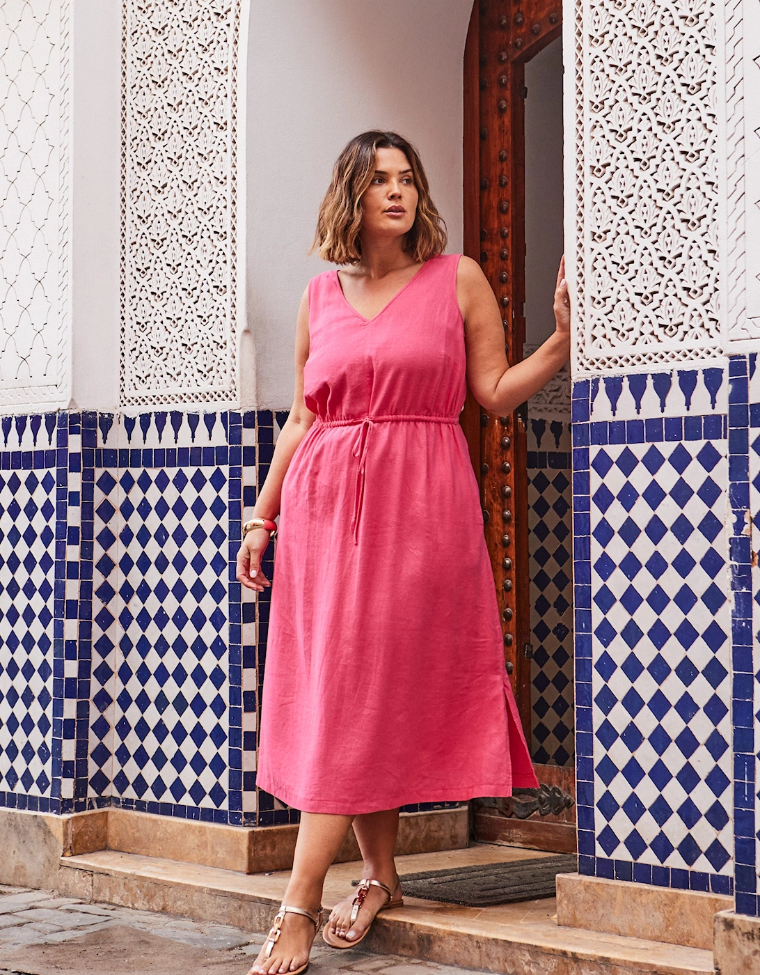 Pink Linen Blend Drawstring Dress, 6 of 5