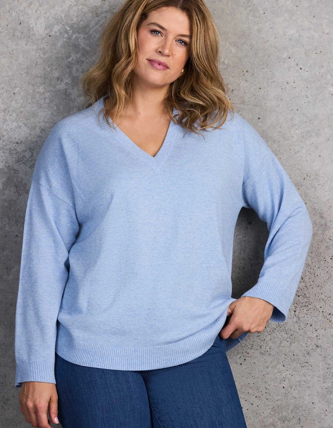 Pale Blue V Neck Knitted Jumper With Cashmere