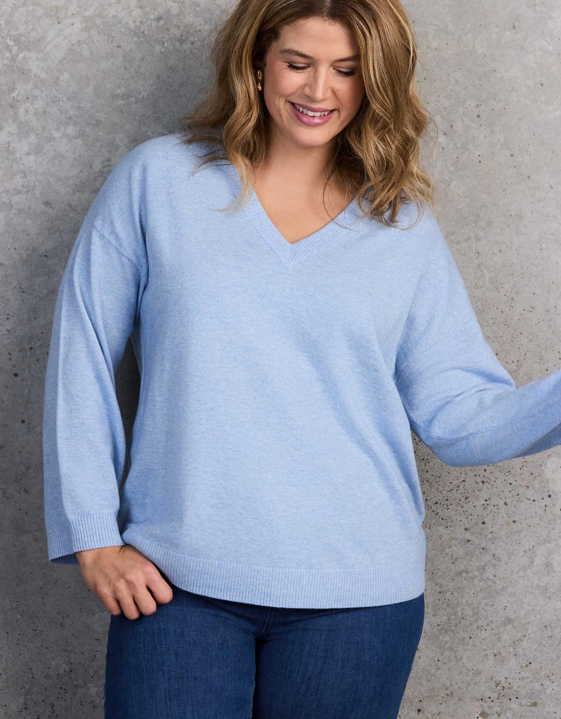 Pale Blue V Neck Knitted Jumper With Cashmere