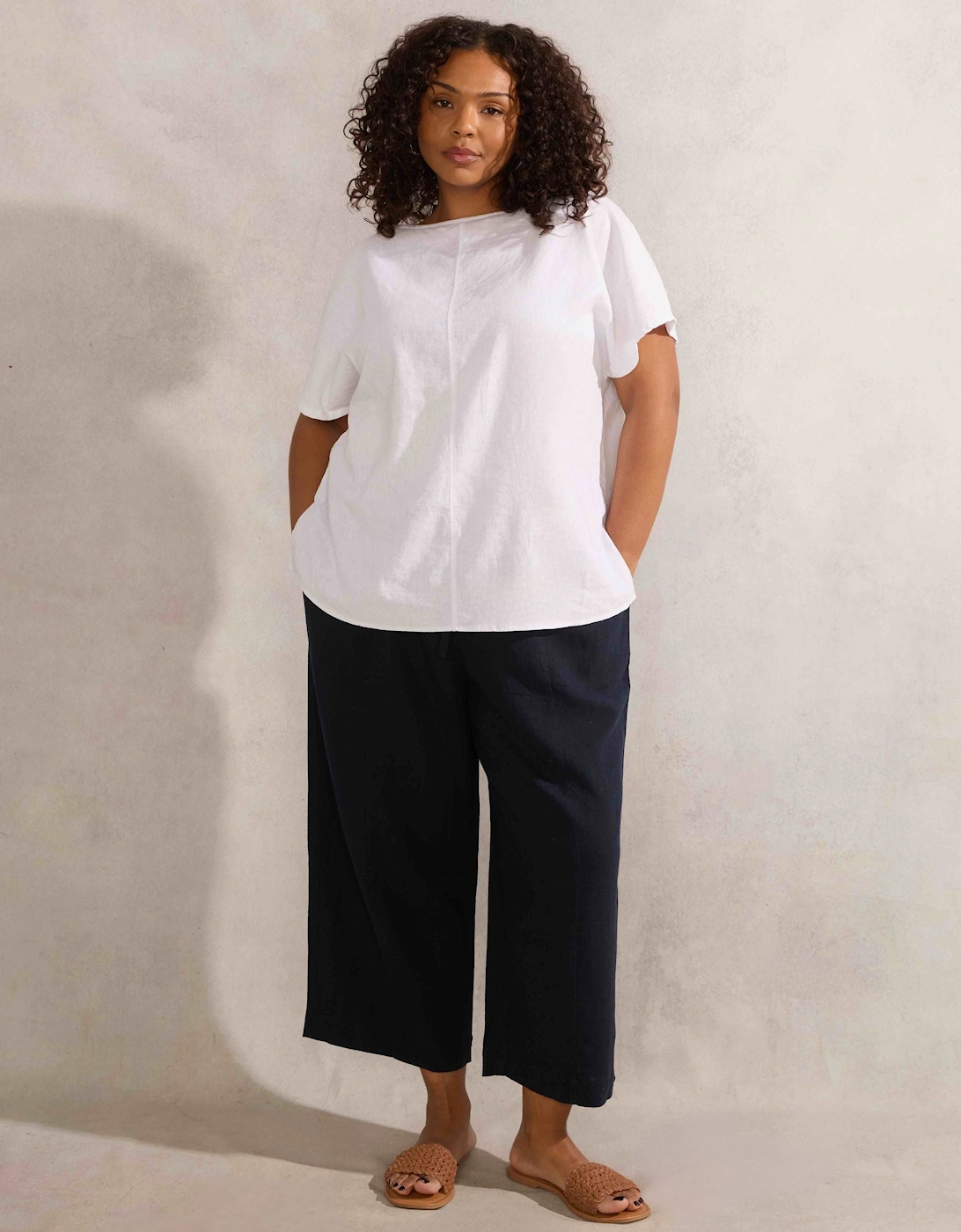 Navy Linen Blend Wide Leg Cropped Trousers, 4 of 3
