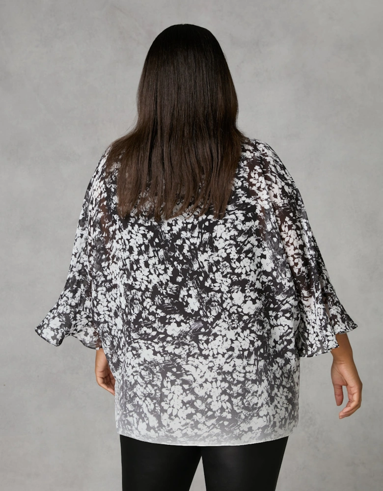 Mono Floral Print Flute Sleeve Overlay Top