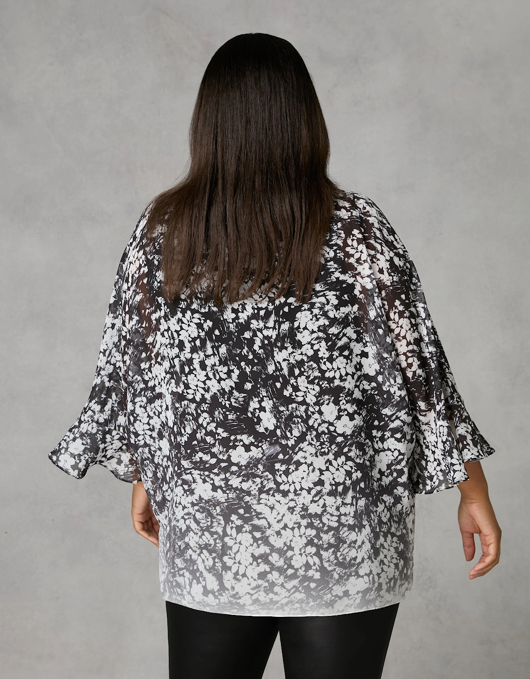 Mono Floral Print Flute Sleeve Overlay Top