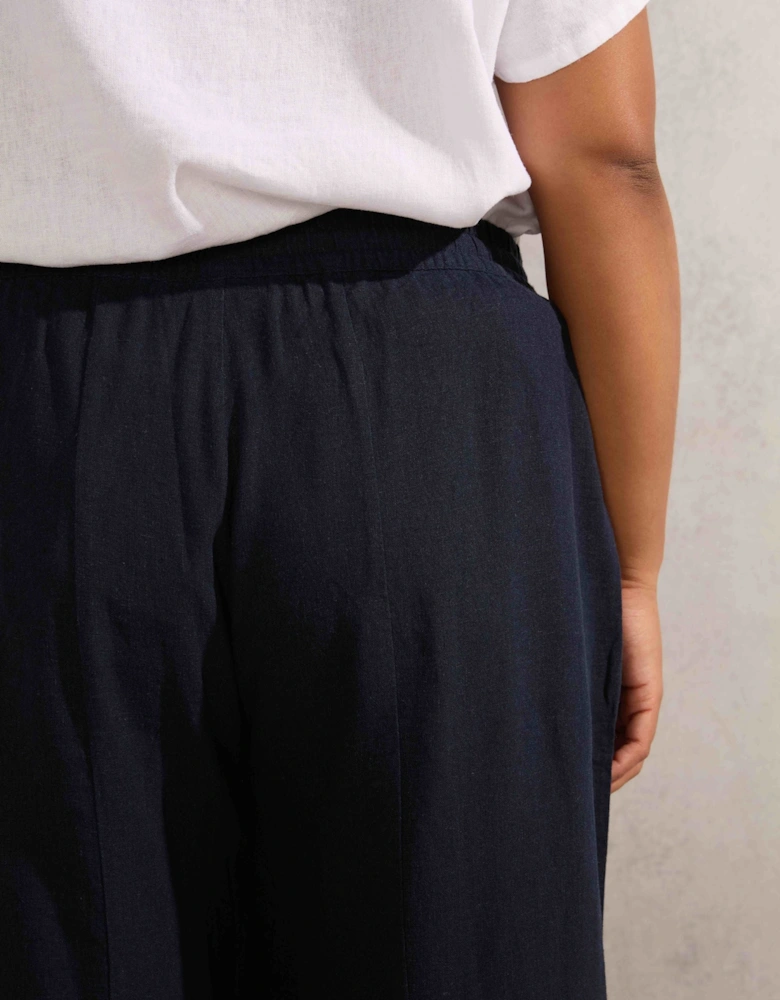 Navy Linen Blend Wide Leg Cropped Trousers