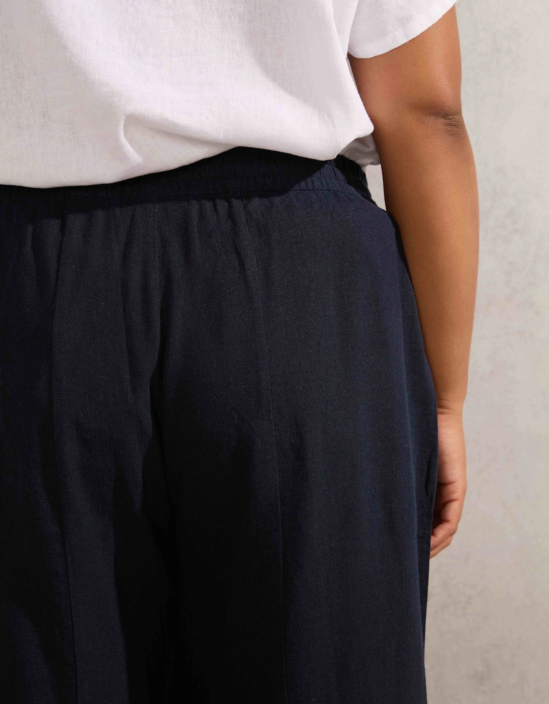 Navy Linen Blend Wide Leg Cropped Trousers