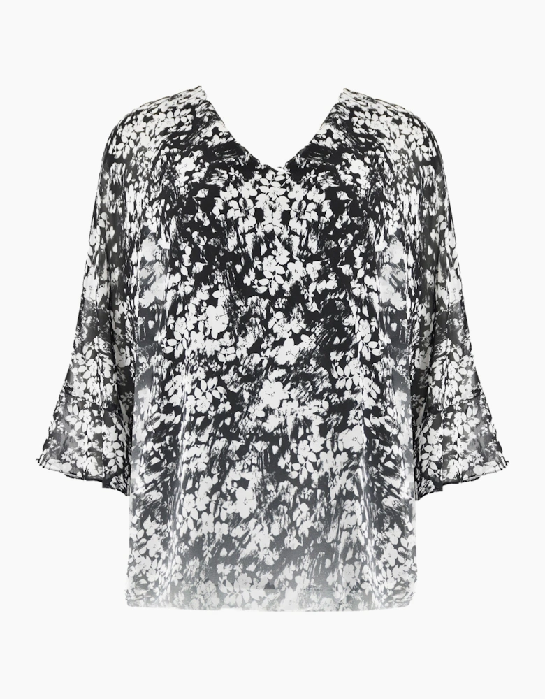 Mono Floral Print Flute Sleeve Overlay Top