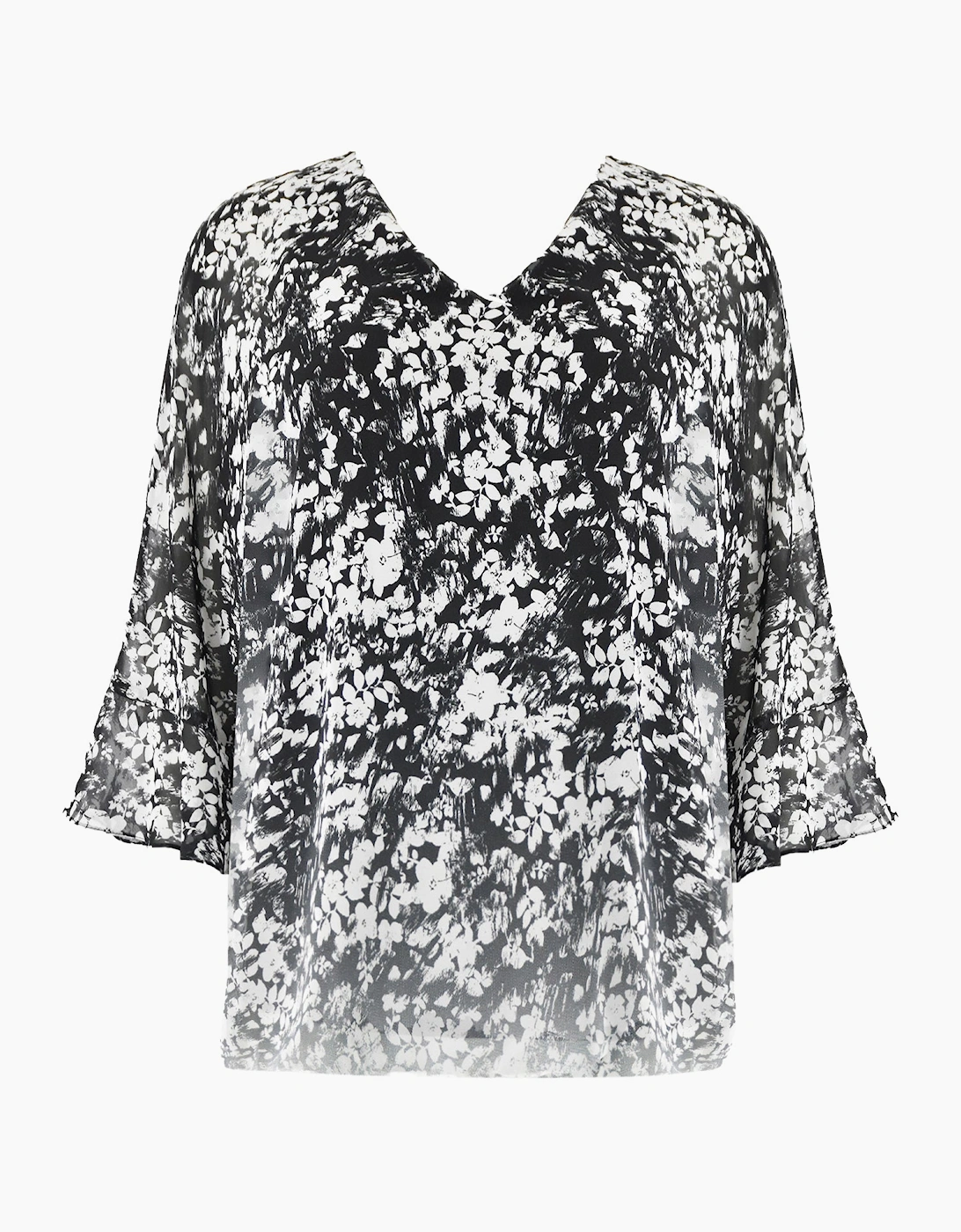Mono Floral Print Flute Sleeve Overlay Top