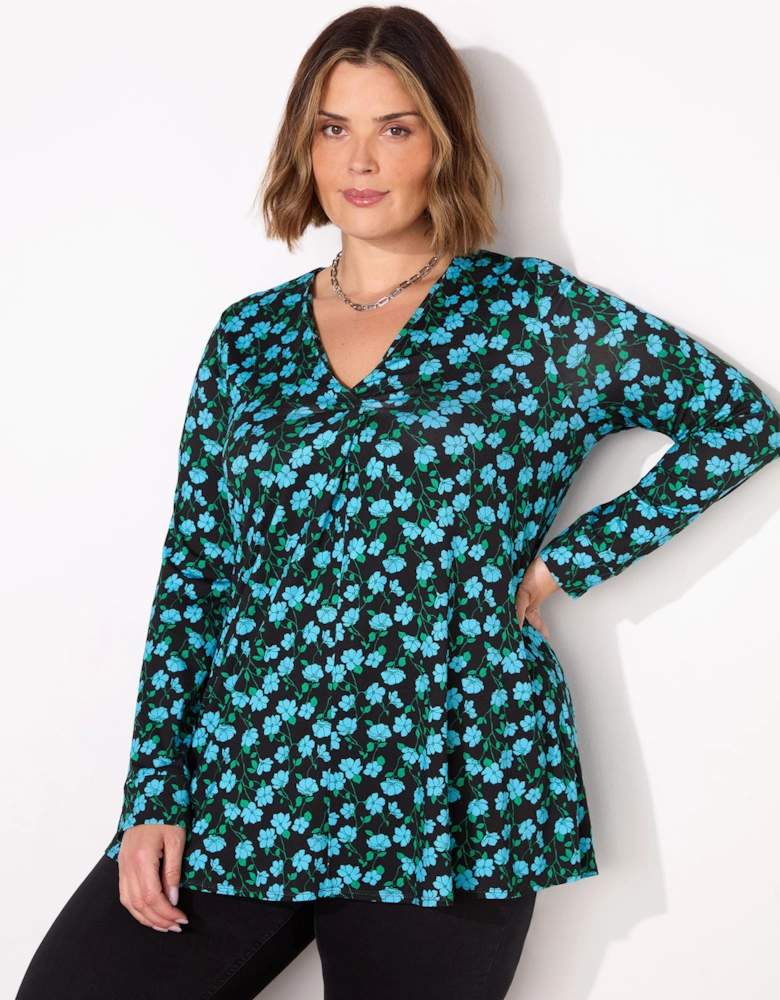 Navy Ditsy Pleat Front Jersey Top