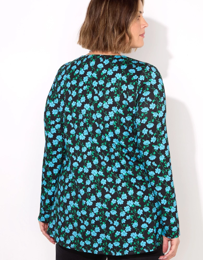 Navy Ditsy Pleat Front Jersey Top