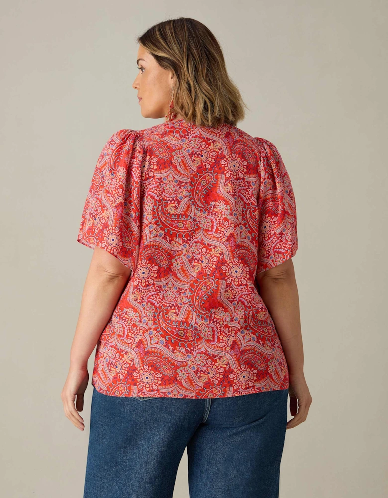 Red Paisley Print Shirred Shoulder Blouse