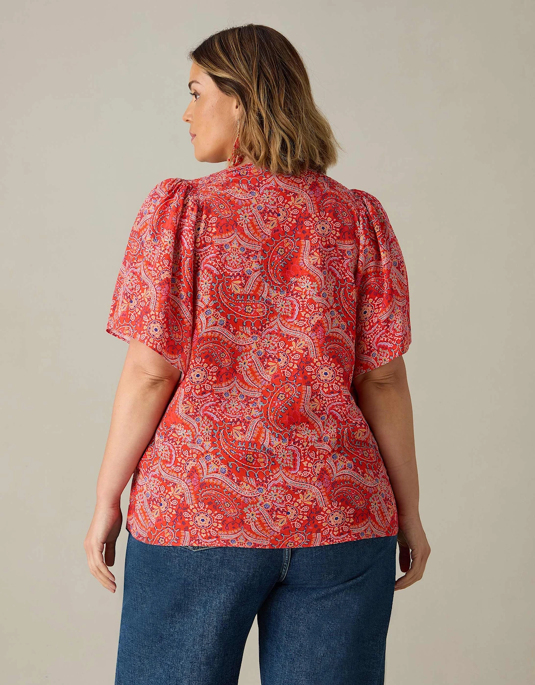 Red Paisley Print Shirred Shoulder Blouse
