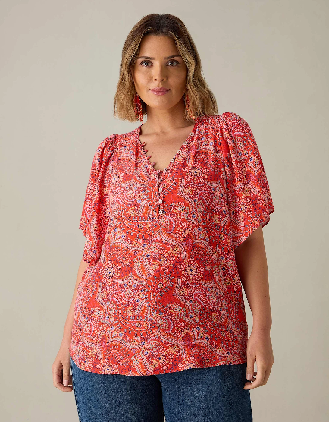 Red Paisley Print Shirred Shoulder Blouse