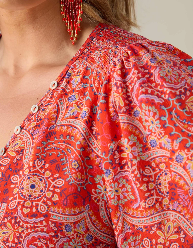 Red Paisley Print Shirred Shoulder Blouse