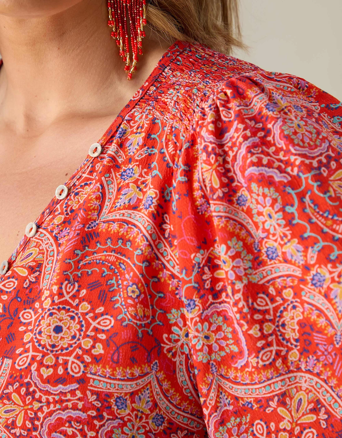 Red Paisley Print Shirred Shoulder Blouse