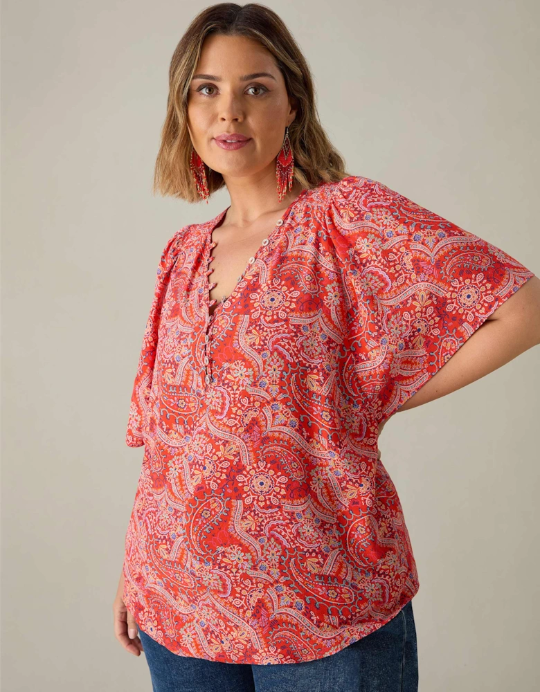 Red Paisley Print Shirred Shoulder Blouse