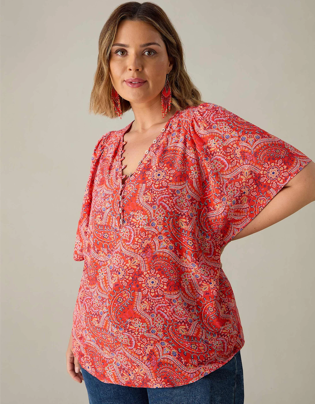 Red Paisley Print Shirred Shoulder Blouse