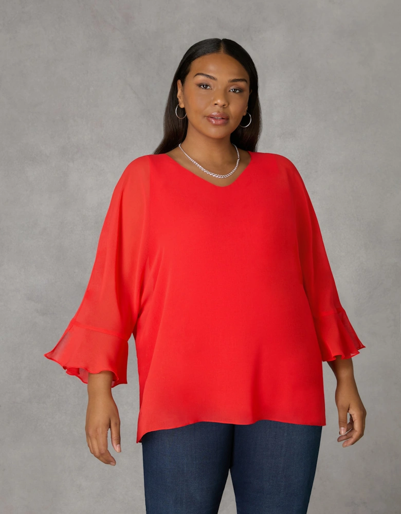 Red Flute Sleeve Overlay Top