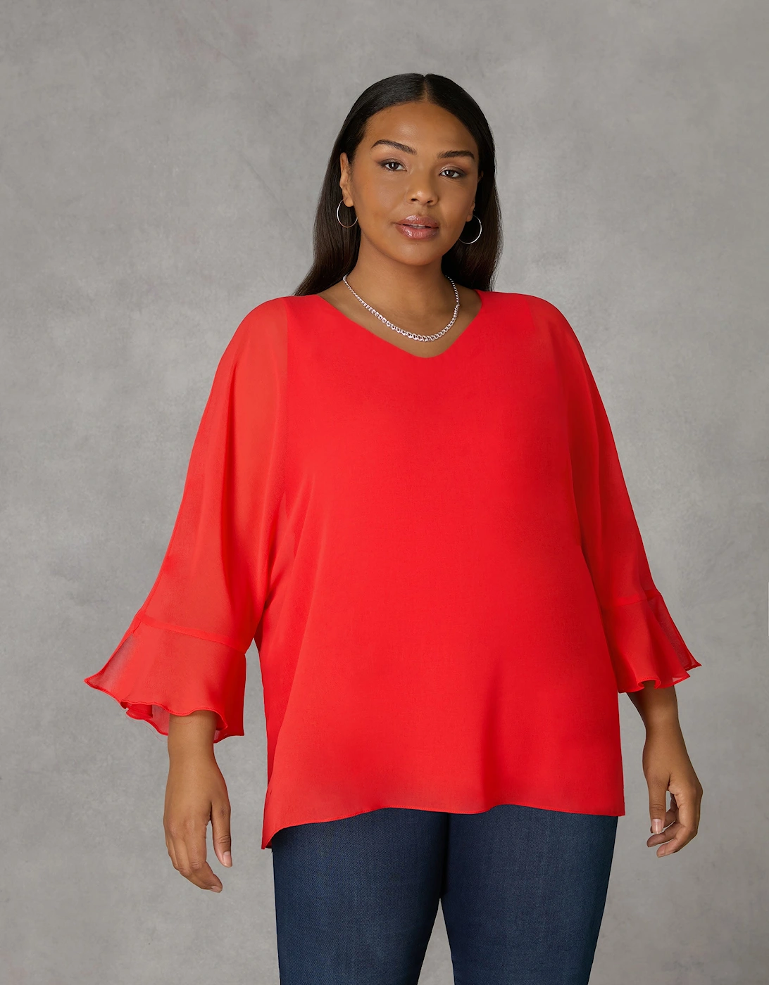 Red Flute Sleeve Overlay Top
