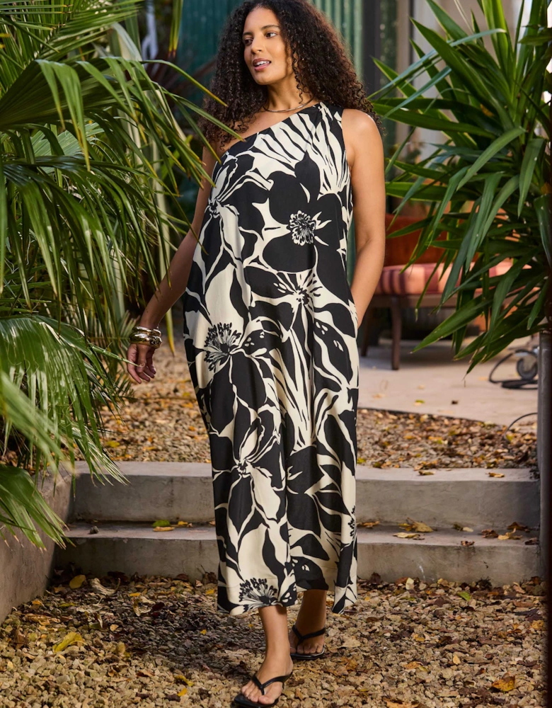 Black Floral Print One Shoulder Maxi Dress