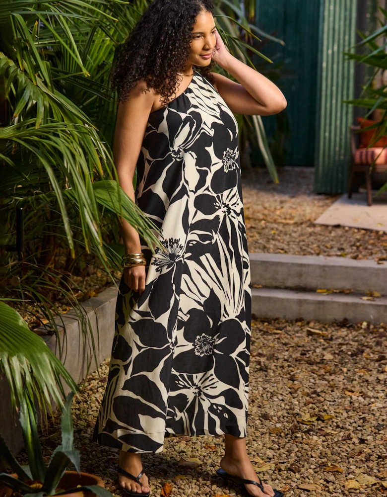 Black Floral Print One Shoulder Maxi Dress
