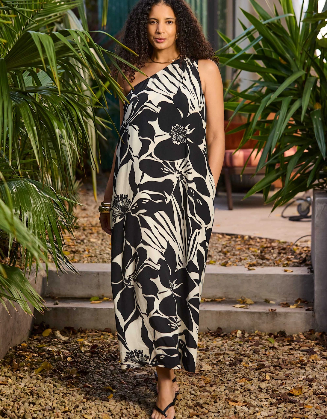 Black Floral Print One Shoulder Maxi Dress
