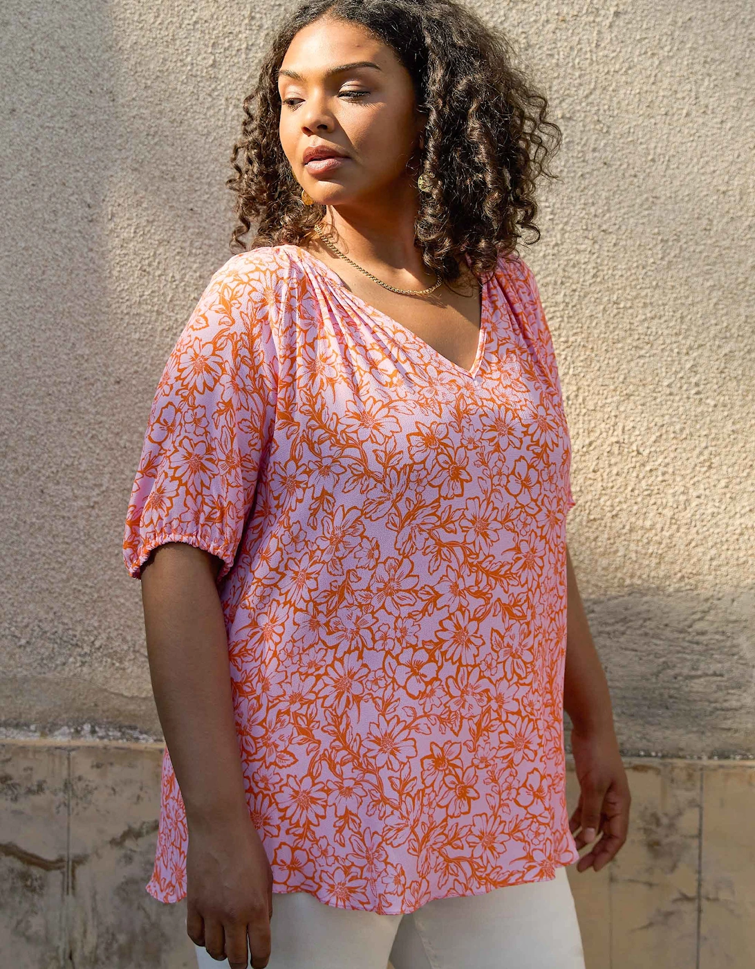 Orange Floral Short Sleeve Blouse