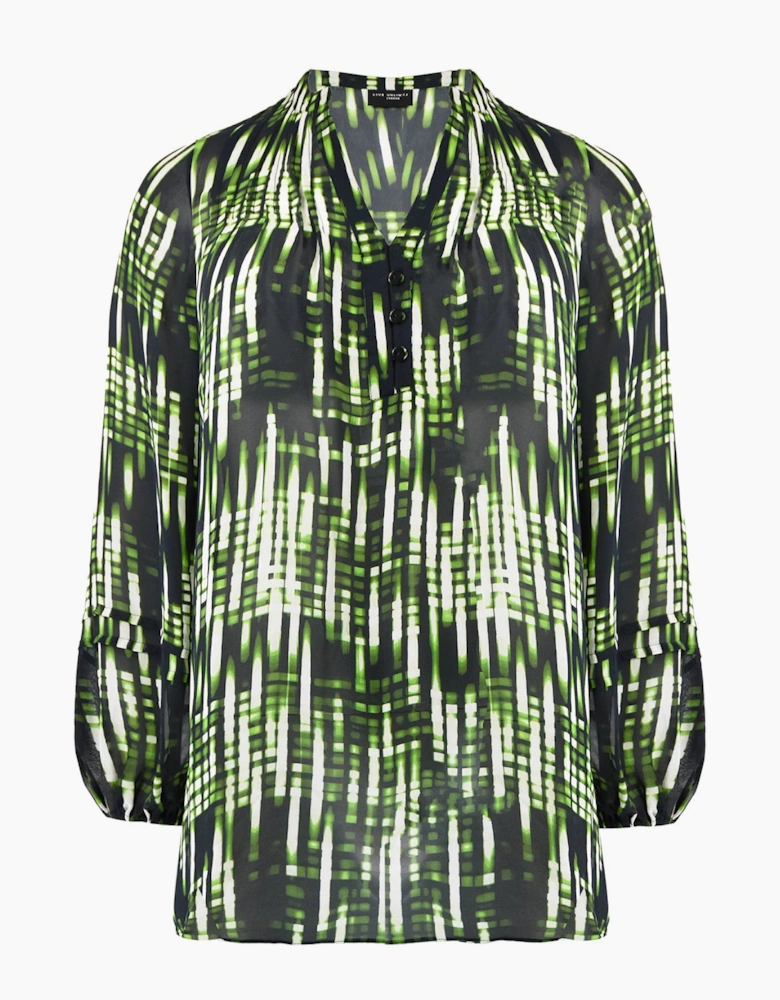 Green Blurred Print Pintuck Blouse