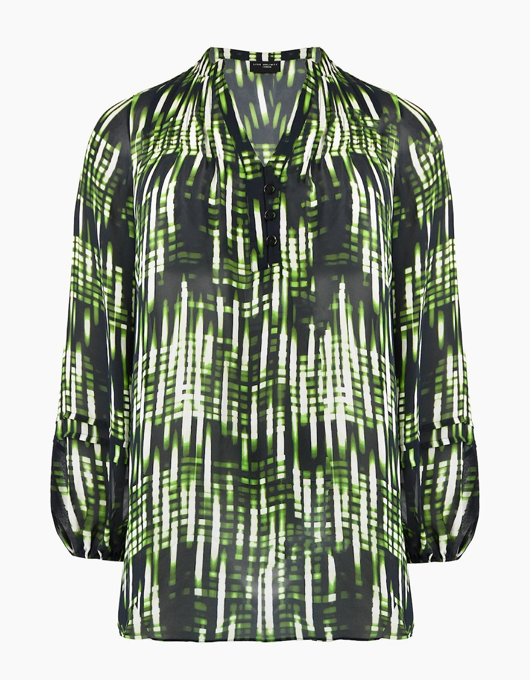 Green Blurred Print Pintuck Blouse