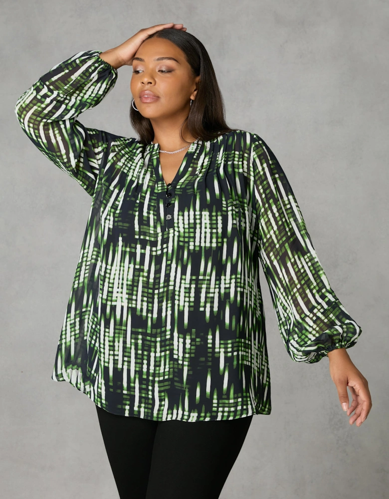 Green Blurred Print Pintuck Blouse